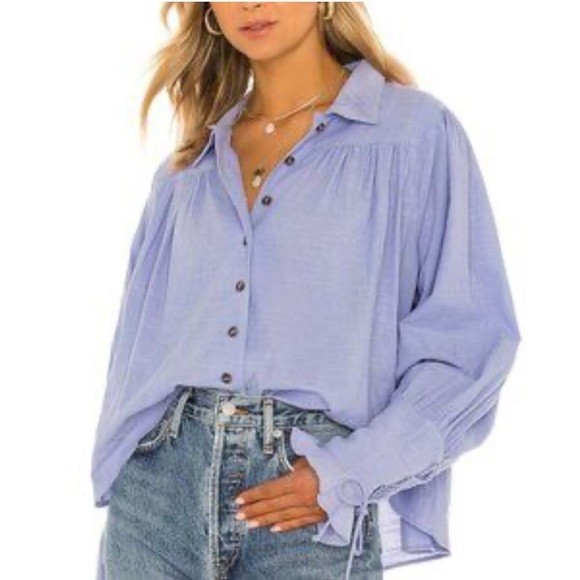 Free People Puff Long Sleeve Blue Button-Up Kiss Kiss Laced Cuff Blouse XS - Picture 15 of 15